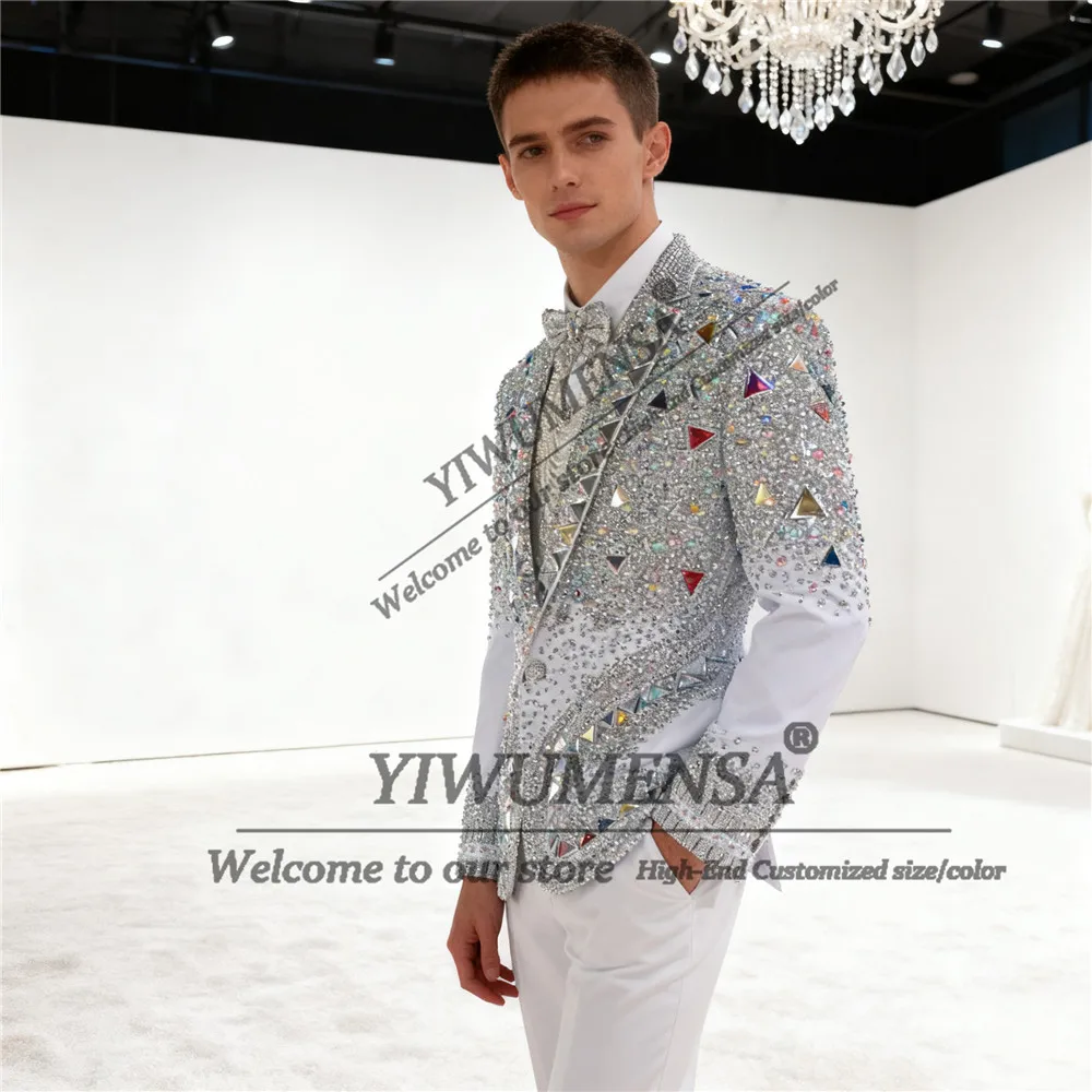 

Свадебные костюмы с бисером и бриллиантами для мужчин, однобортный пиджак, брюки, комплекты из 2 предметов, костюм Homme, индивидуальные смокинги для жениха, наряды
