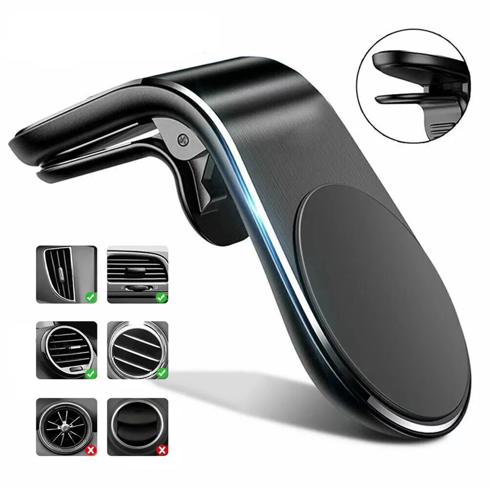 L Shaped Magnetic Car Phone Mount Air Vent Clip Holder Aluminum Alloy Universal Stand Convenient Handy Car Accessories