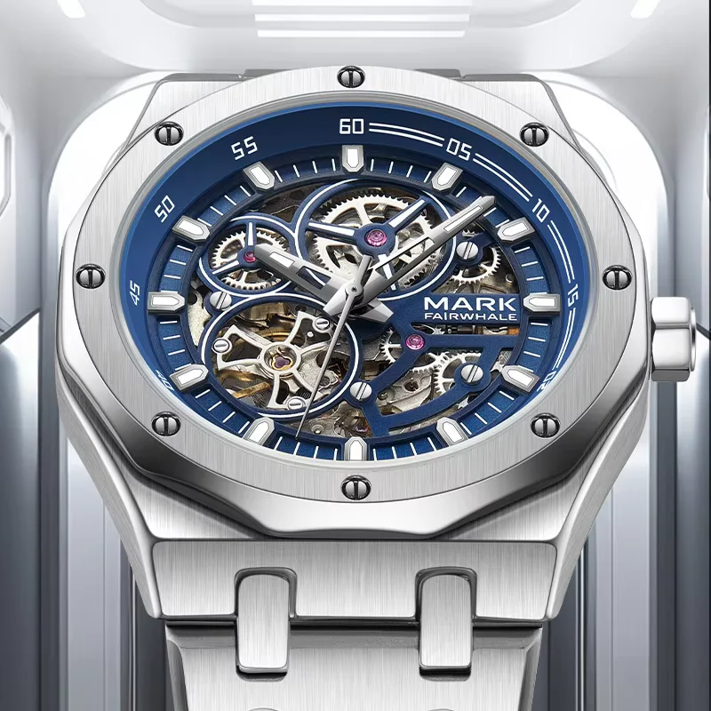 

Mark Fairwhale Luxury Steel Blue Automatic Business Watch for Men Dress Tourbillon Mechanical Wristwatch Reloj Hombre