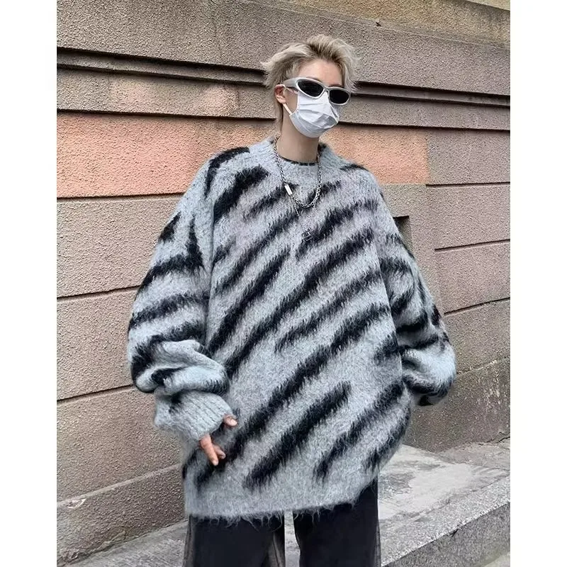 Striped Mohair Round Neck Sweater For Men Simple Knitting Pullover Men's Clothing 2023 Autumn Fashion Tops