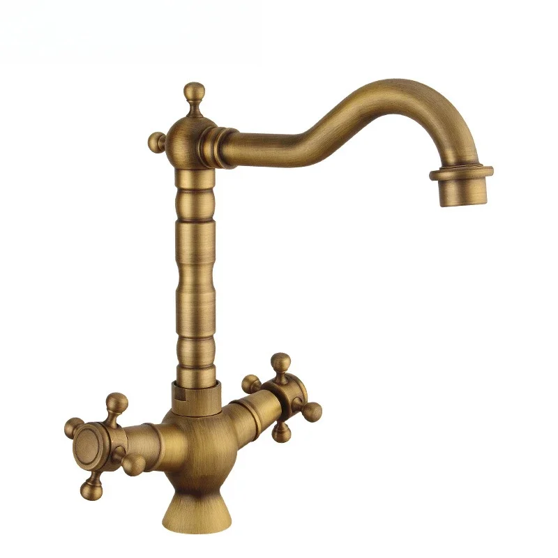 European Style Household Dual Handle Hot and Cold Water Basin Faucet Retro Spiral Antique Copper Brass Kitchen Faucet