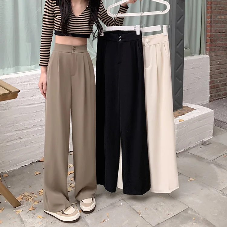 Spring High Waist Asymmetric Women's Loose Casual Pants Long Straight Leg Trousers Comfortable Polyester Fiber Ladies Faion