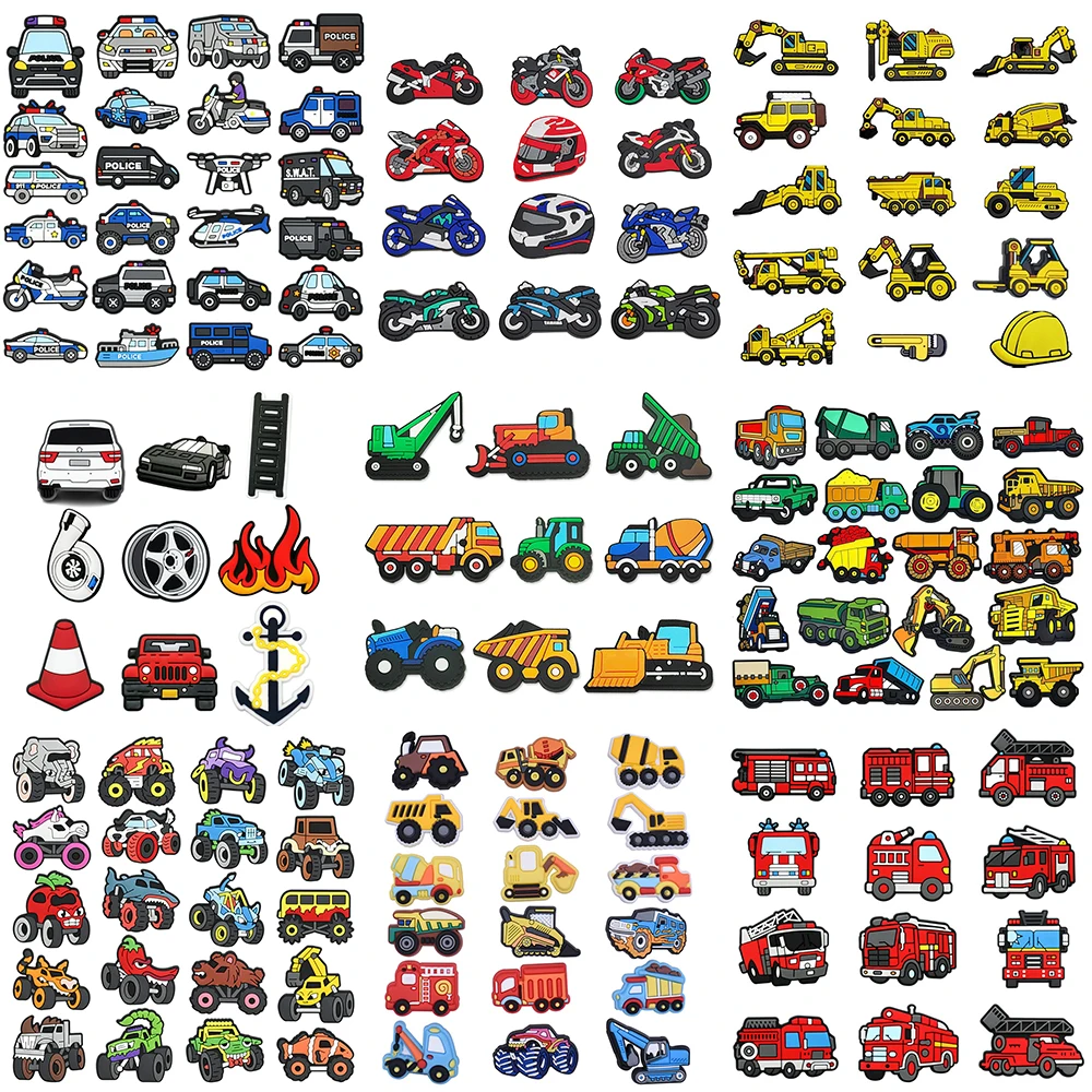 9-100PCS Mixed Construction Vehicles Police Car Motorcycle Shoe Charm PVC Decor Buckle Clog Wristband Detachable Waterproof Gift