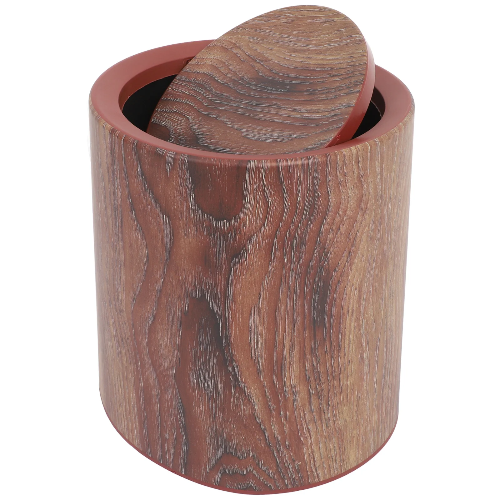 

Wood Grain Trash Can Swing Top Lid Round Garbage Bin Container Rubbish Paper Basket Holder Kitchen Living Room