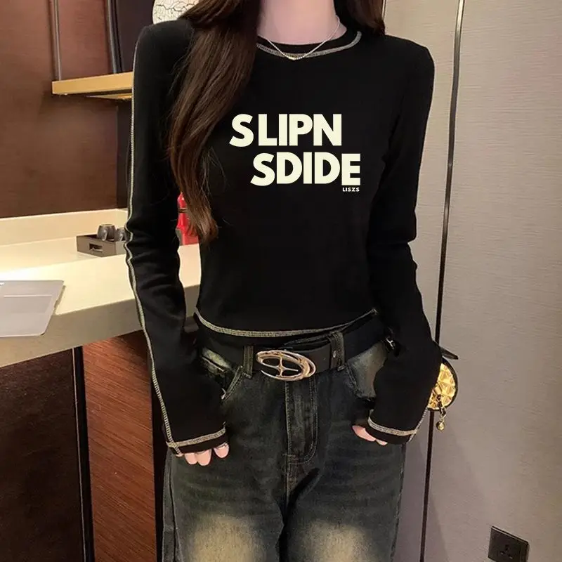 Spring Autumn Letter Geometry Printing Long Sleeve Pullover Women's Spring Autumn T-shirt Round Neck Streetwear All-match Tops image 5