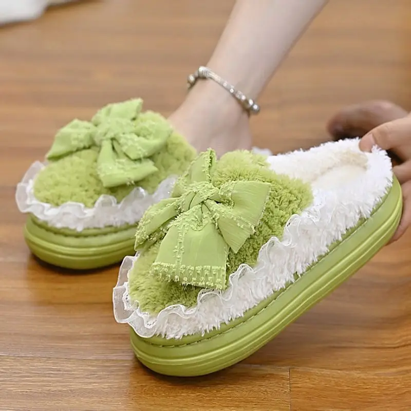 

Korean Style Sweet ​Plush Thick Sole Slippers for Woman Winter Home Anti Slip Indoor Warmth Bow Design Thermal Comfort Shoes​