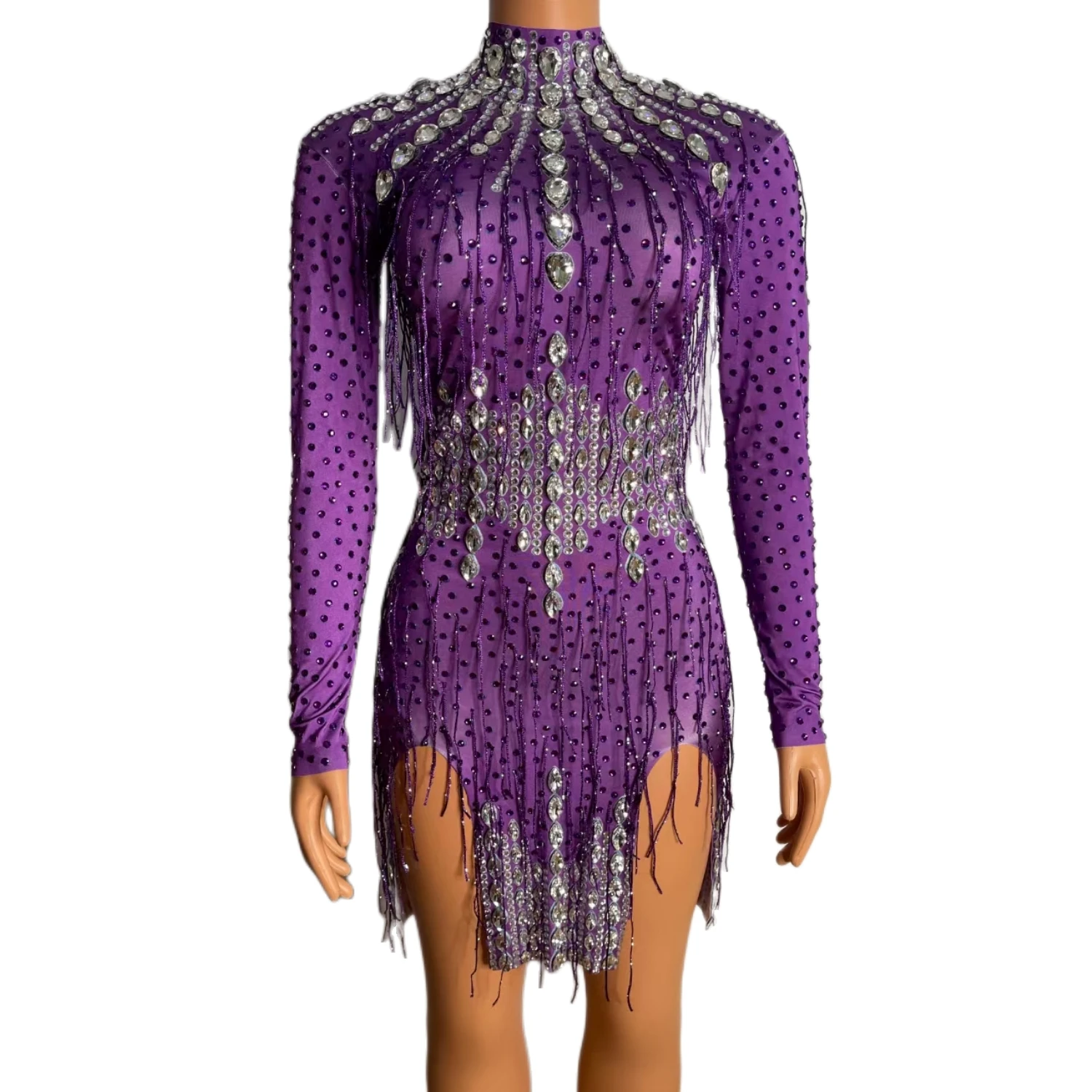 

Purple High Neck Long Sleeve Mini Dress Sparkly Rhinestone Crystal Tassel Stage Performance Costume Party Event Outfit Zishu
