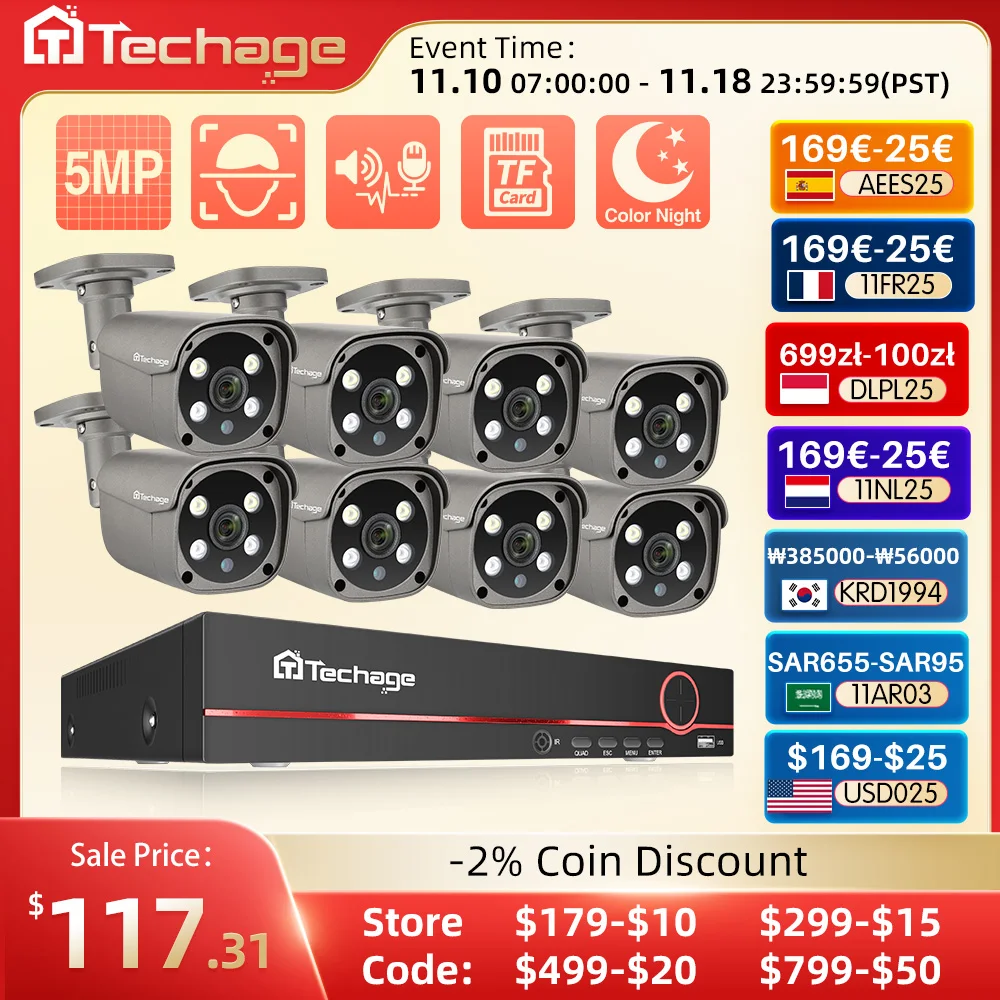 Techage 8CH 5MP HD POE CCTV 보안 카메라 시스템, 홈 비디오 감시 키트, 얼굴 감지 야외 IP 카메라 세트, Xmeye 