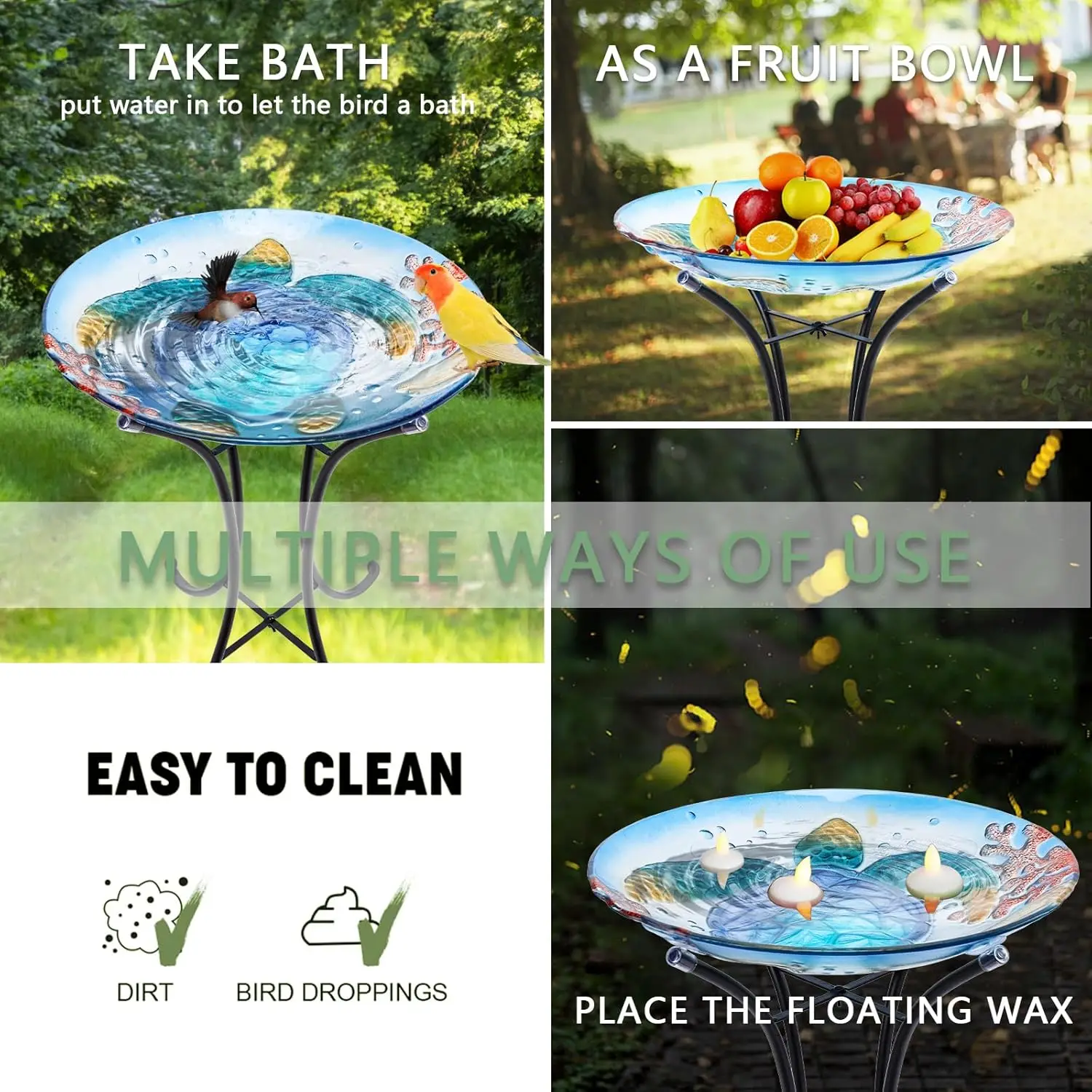 حمام كبير على شكل طيور من زجاج السلحفاة البحرية مع حامل معدني للحديقة الخارجية وديكور الفناء باللون الأزرق