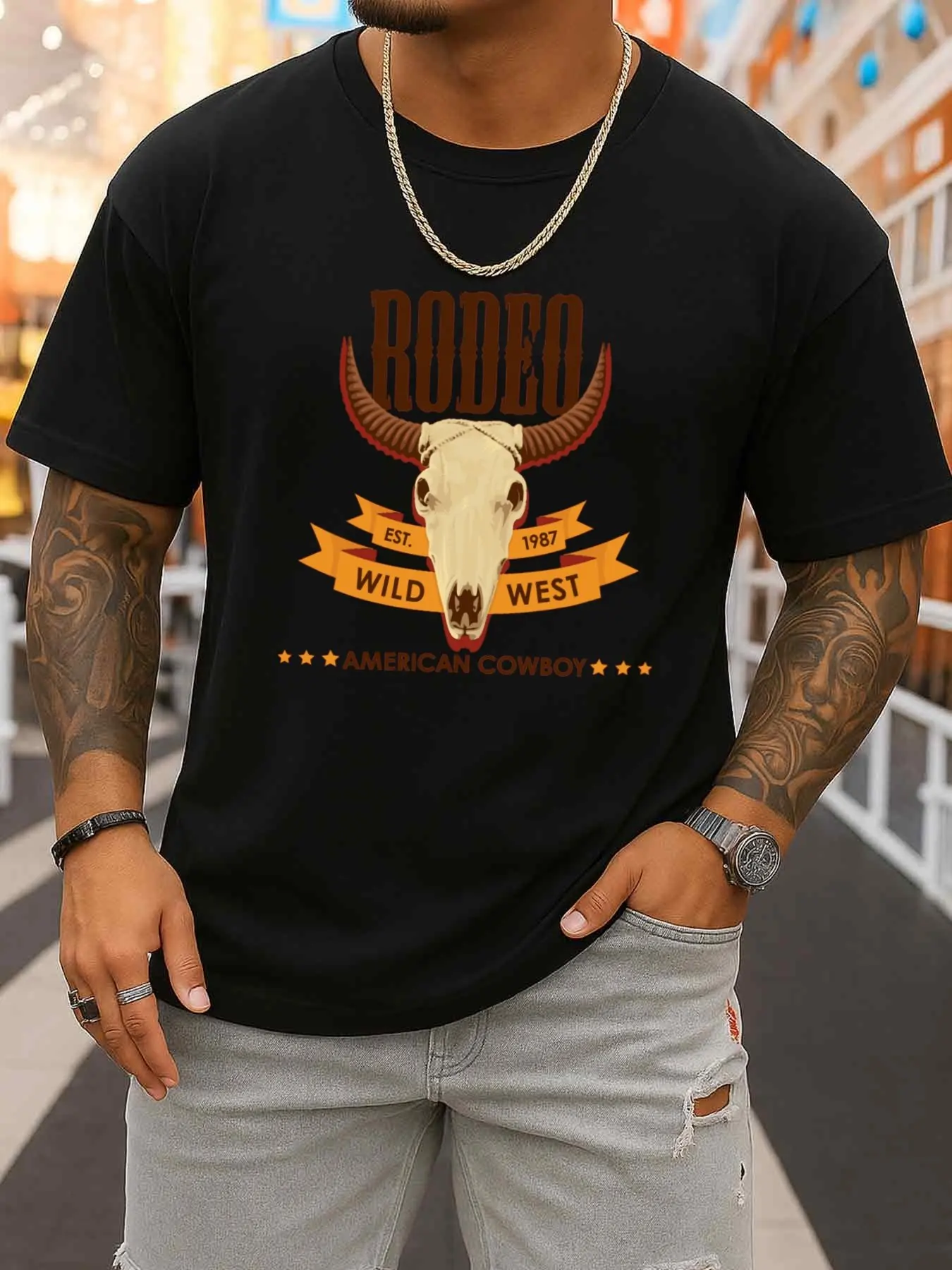 Aliexpress Men's Denim Western Cowboy T-Shirt, Comfort Colors (Comfort Color Series), Black, Casual and Elegant, Round Neck, Regular Fit, Short Sleeves, Machine Washable, Suitable for Casual Wear in All Seasons - Aliexpress Deal