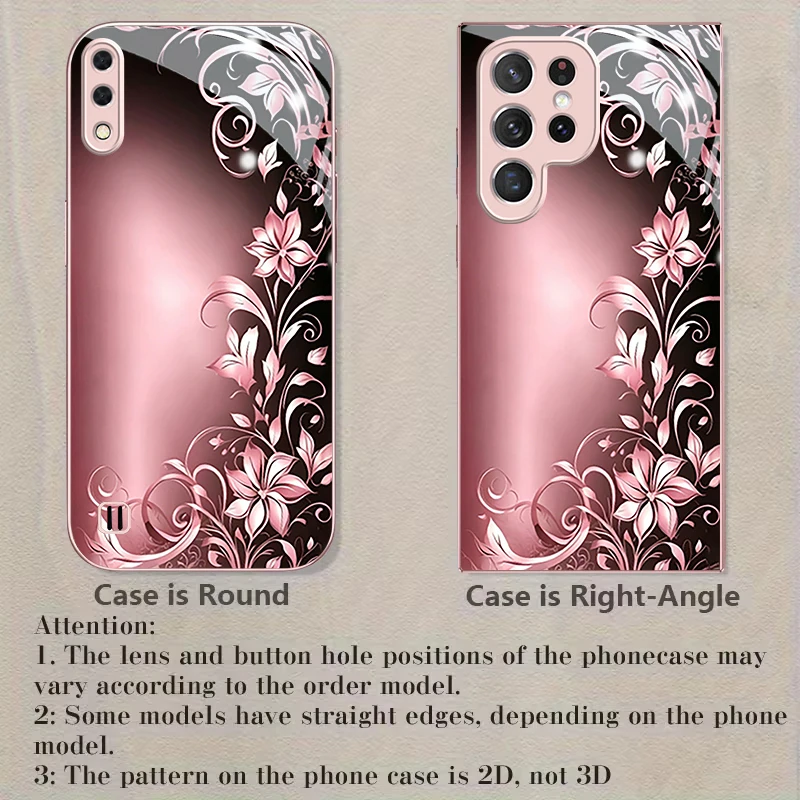 Rose gold floral pattern Pink Metallic Glass Phone Case For Samsung A01/A02/A03 Core/A04/A04e/A05/A05s/A07/A70/A71/A72/A73 Cover