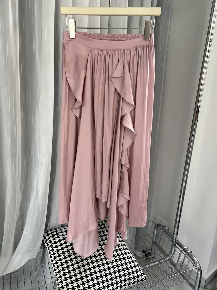 

Ruffles Spliced Women's Satin Midi Skirt Elastic Waist Irregular Hem Pleated Fashion Ladies Jupe