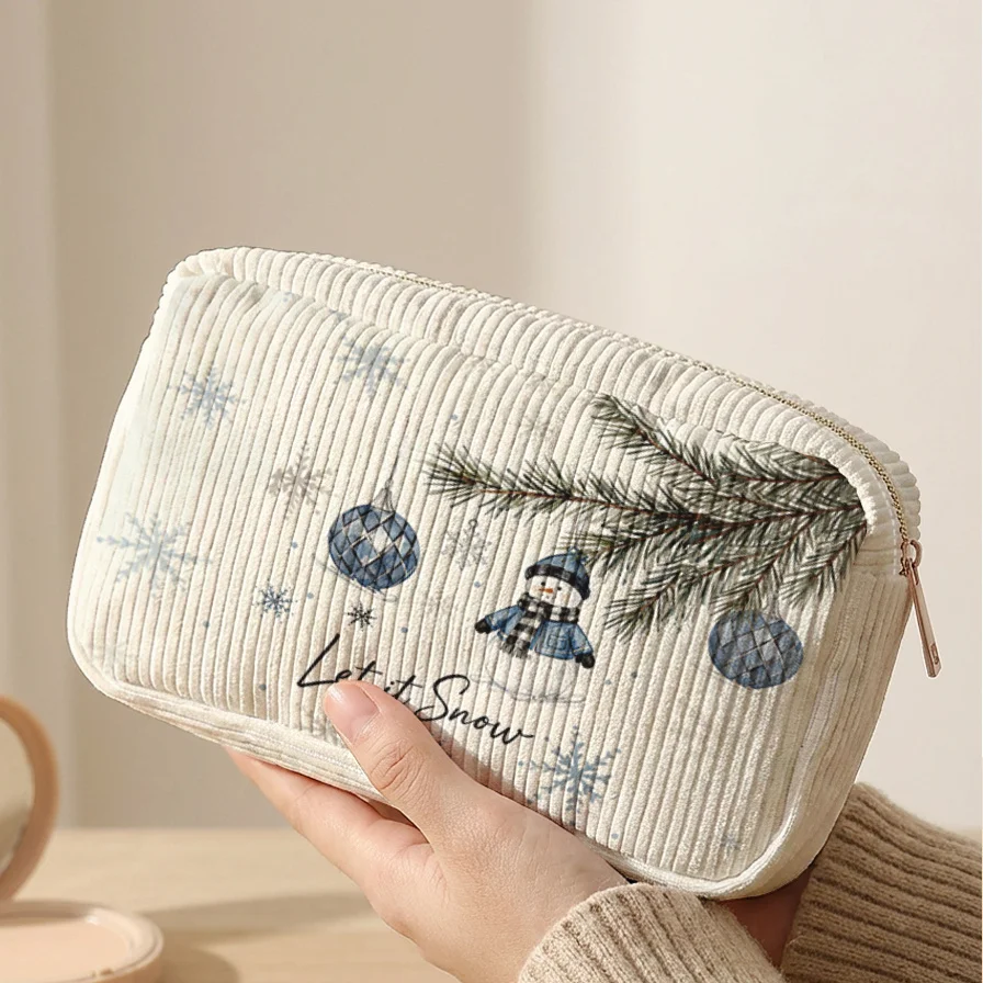 Christmas Cosmetic Bag Corduroy Snowman Pine Branch Snowflake Print Zipper Pouch Travel Makeup Storage Bag Christmas Gift