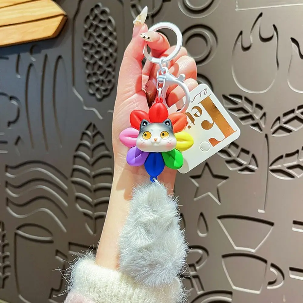 Creative Rotatable Cat Keychain Good Luck with Fur Balls Car Keyring PVC Cartoon Bag Accessories Girls