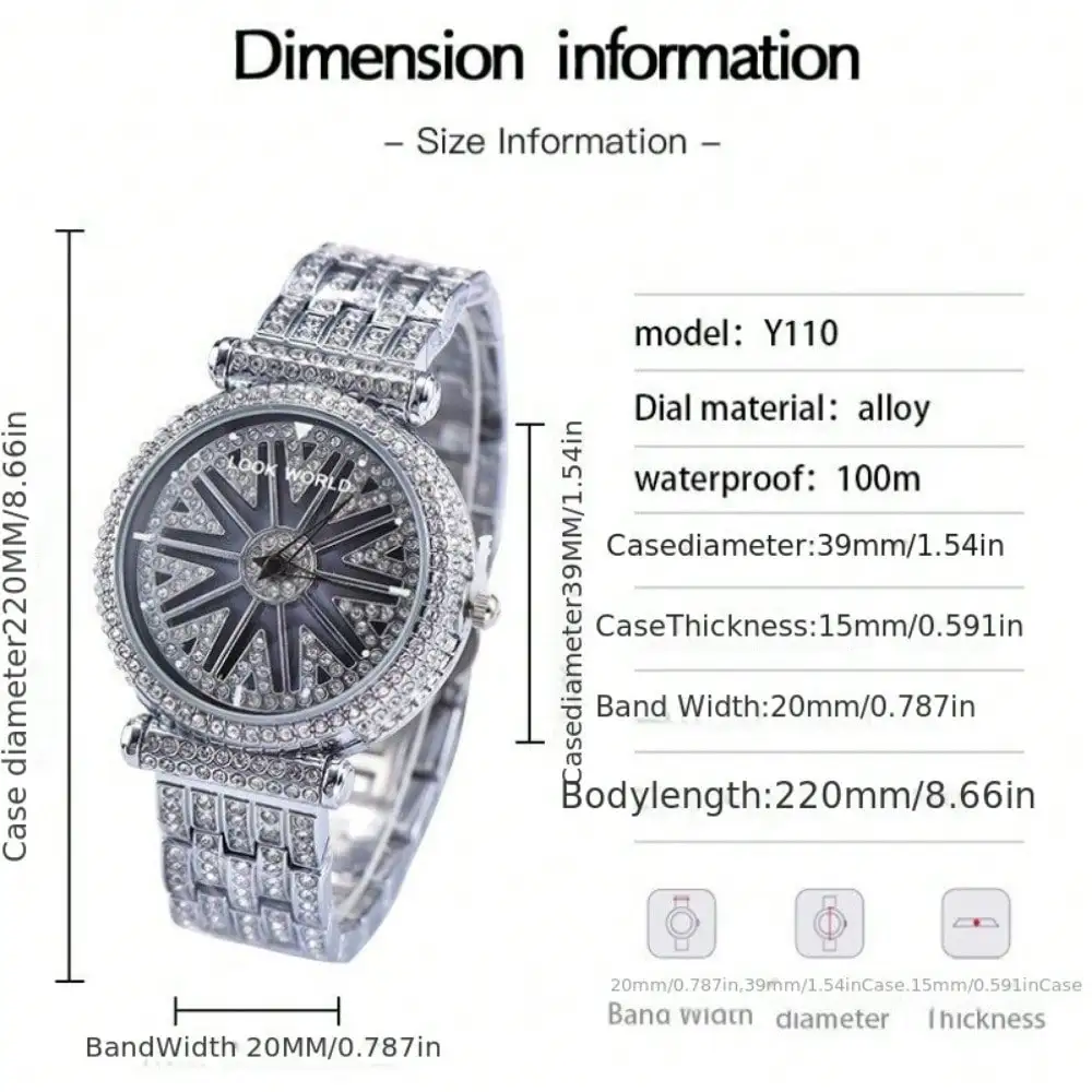 LOOKWORLD Fashion Rhinestone Studded Stainless Steel Rotating Dial Waterproof Quartz Watches, Ideal Choice For Gifts