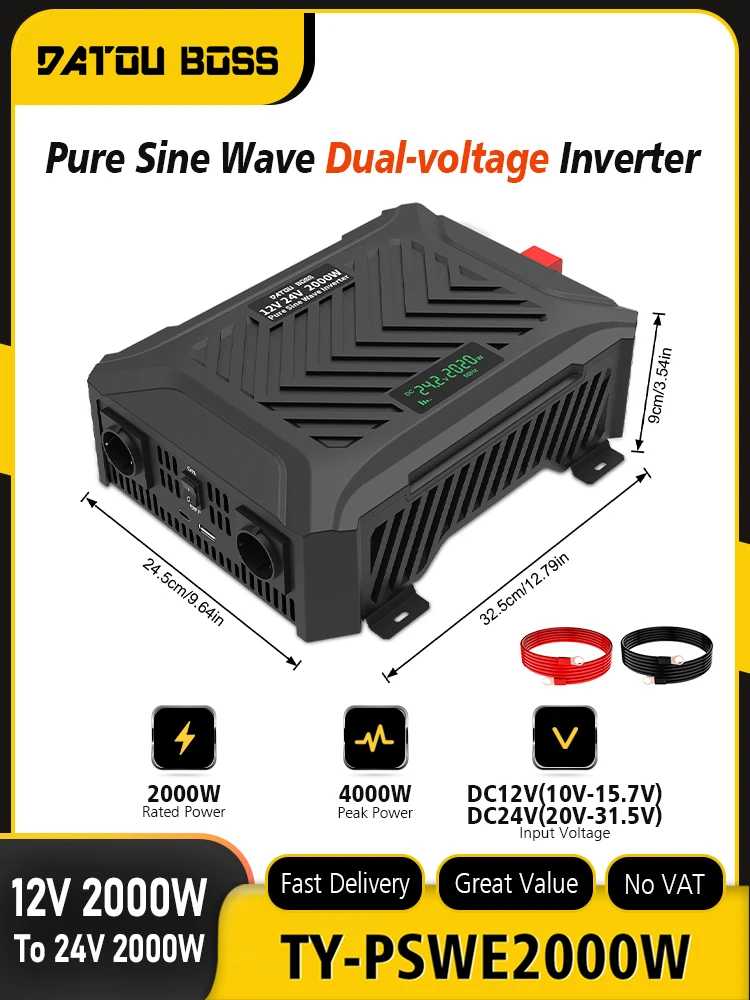 DATOUBOSS 2000W Reiner Sinus-Wechselrichter DC12V-24V Automatische Umschaltung Tragbarer Dual-Spannungs-Auto-Wechselrichter für Wohnmobile und netzunabhängige Solaranlagen