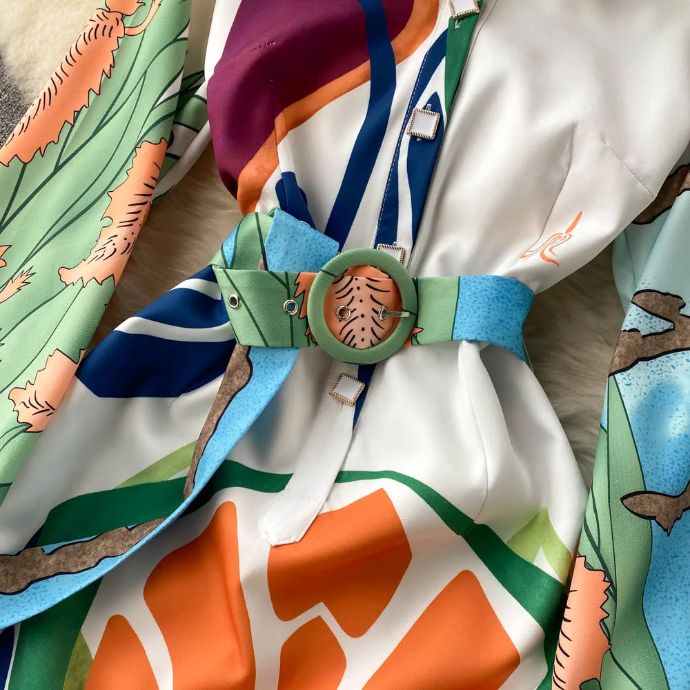 2023 Runway Design Irregular Cartoon Printing Long Sleeves Peter Pan Collar Buttons Sashes Split Bud Short Dress Vestidos