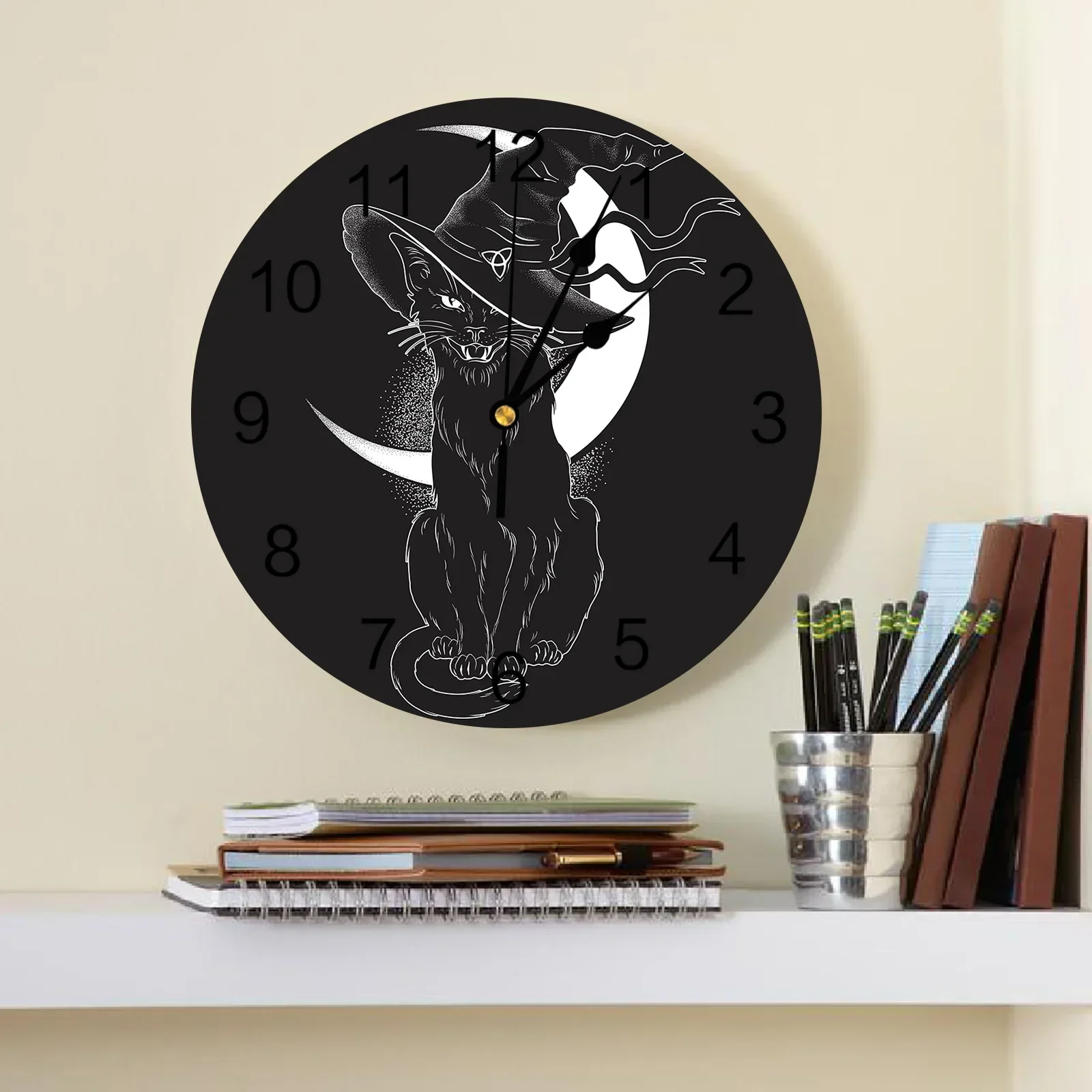 Black Cat Moon Round Wall Clock Acrylic Hanging Silent Time Clock Home Interior Decor Bedroom Living Room Office Decoration