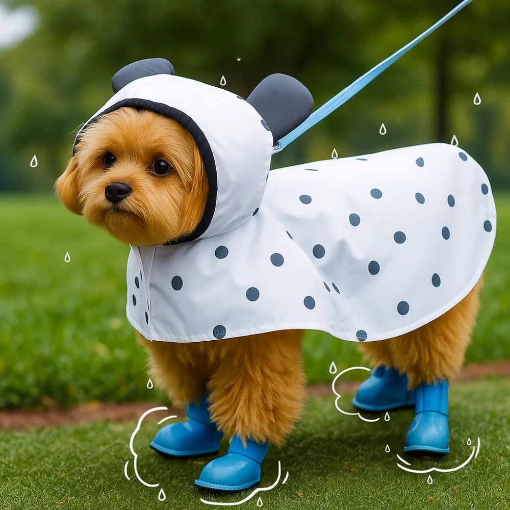 

Fashion Waterproof Puppy Rain Cape Adjustable Wave Point Design Bear Ears Raincoat Lightweight Polyester Dog Rainwear Rainy Days
