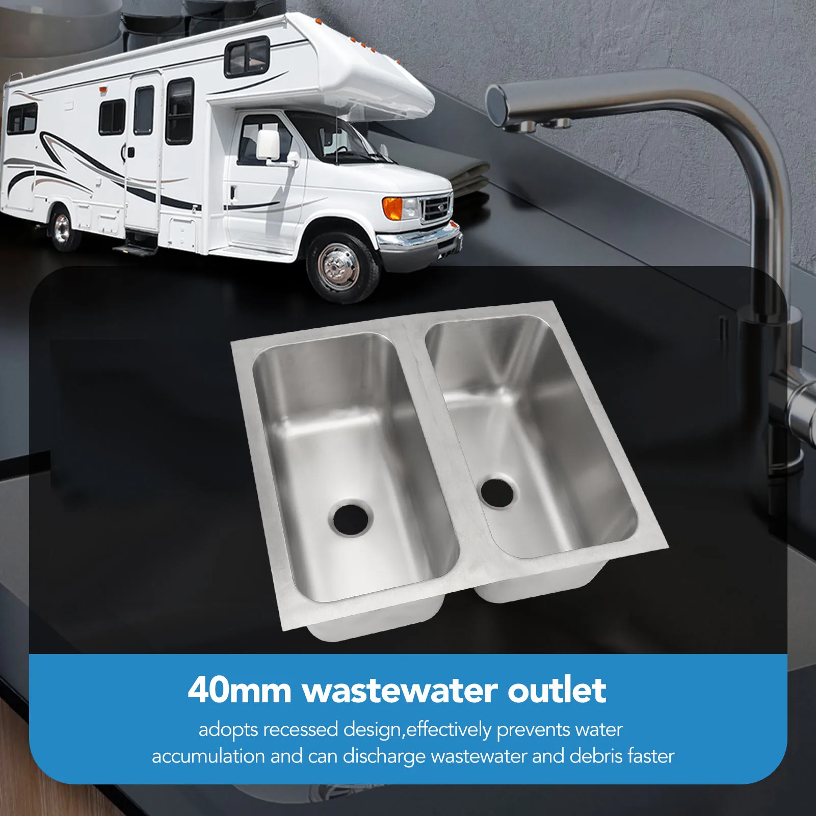 

Раковина для автофургона 304, квадратная кухонная раковина с двойной чашей и сливным выходом 40 мм для каравана, грузовика, дома на колесах, аксессуары для автофургонов