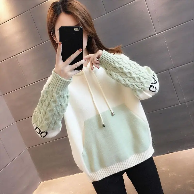 Autumn and Winter Women\'s Contrast Hooded Long Sleeve Sweaters Jumpers Loose Chic Fashion All-match Casual Office Lady Tops