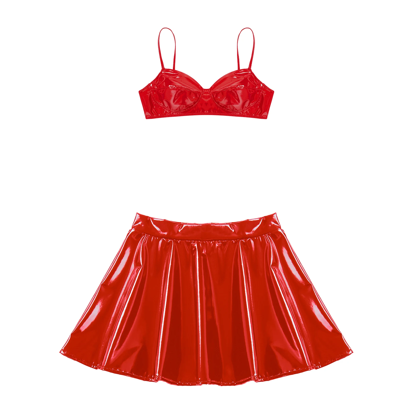 Womens Wet Look Patent Leather Bra Skirts Set Wire-free Bra Top with Zipper Flared Mini Skirt Lingerie Night Club Costume