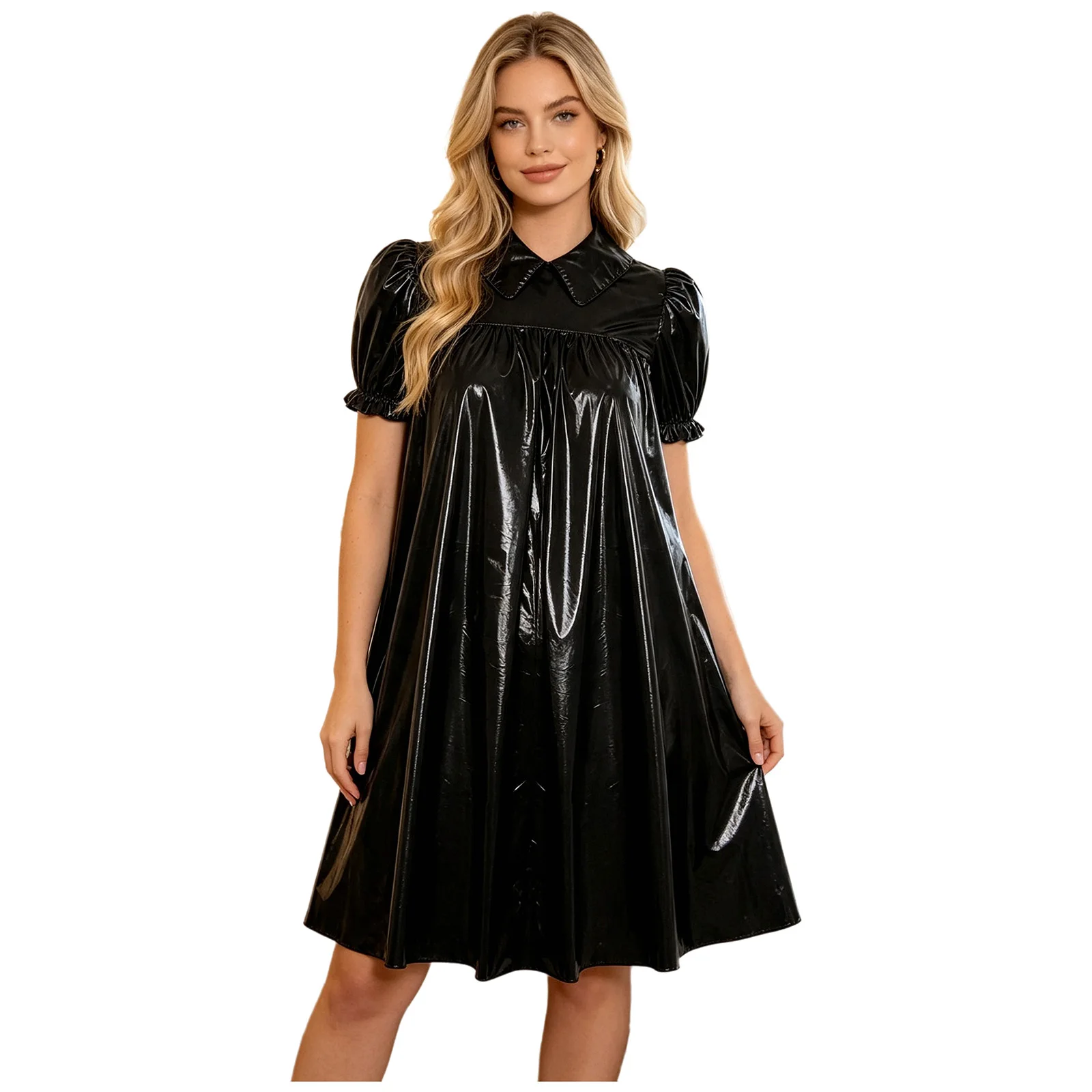 Womens Waterproof Vinyl Regency Victorian Cosplay Party Sleep Dress Puff Short Sleeve Empire Waist Lapel Dress Nightgown view 2