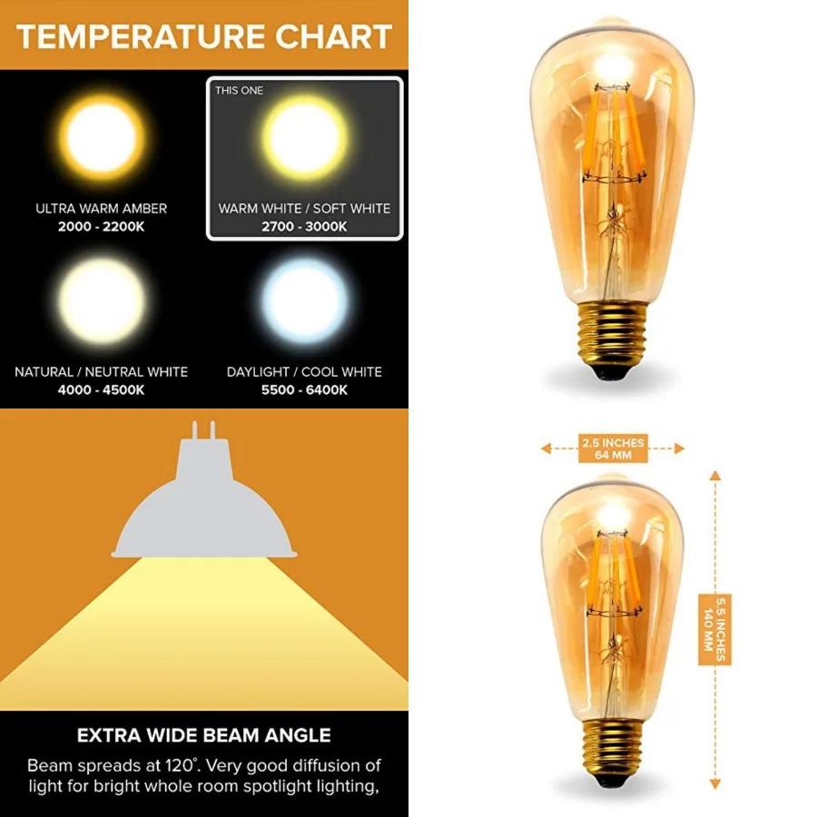 

BRONZE AMBER DC 12 Volt Edison Light Bulb ST64 Soft White 2700k 6W LED E26 Standard Screw Medium Base Lamp RV Renovation Vintag