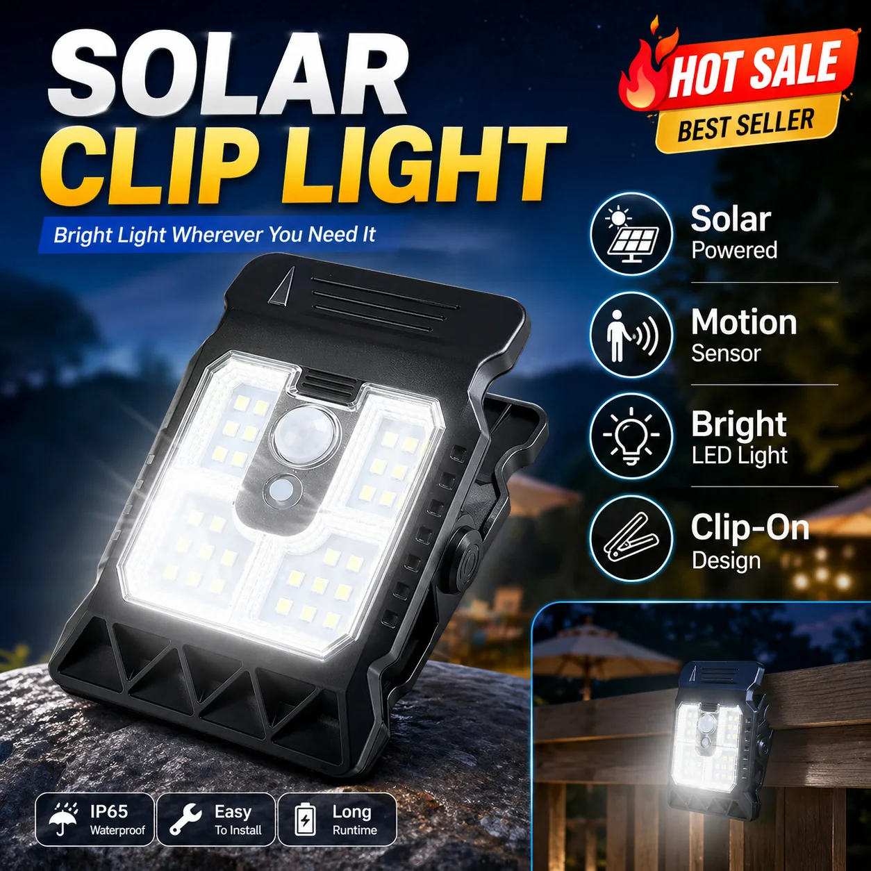 Outdoor Solar Clip On Motion Sensor Light Waterproof Work Light Suitable for Outdoor Lawns, Railings, and Guardrails