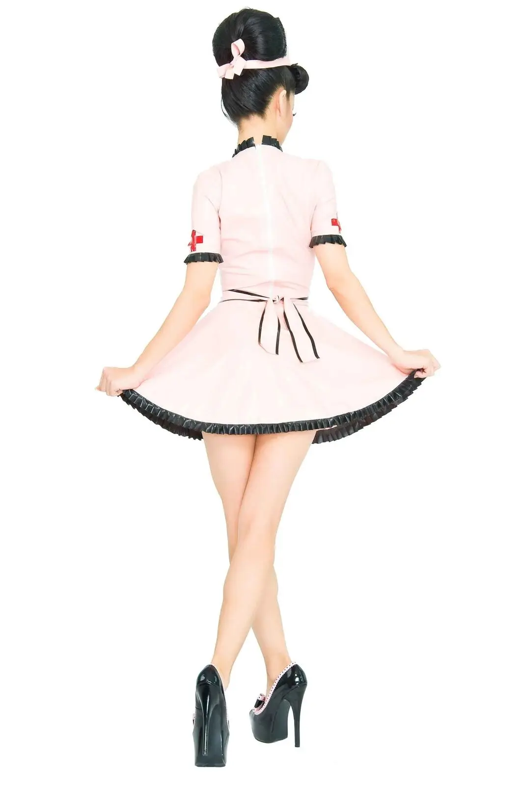 halloween Nurse Nightingale Uniform Latex Dress Baby Pink with Black Trim Halloween Masquerade ball Cosplay Party