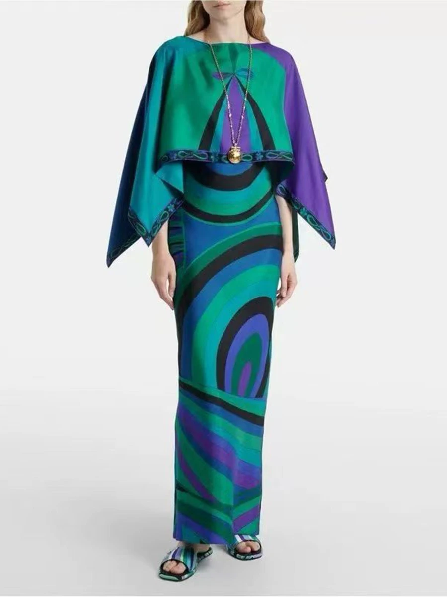 VGH Light Blue Abstract Print Two Piece Set for Women Bodycon Dress Suit with Boat Neck Loose Design Cape for Wedding Guest Gala view 4