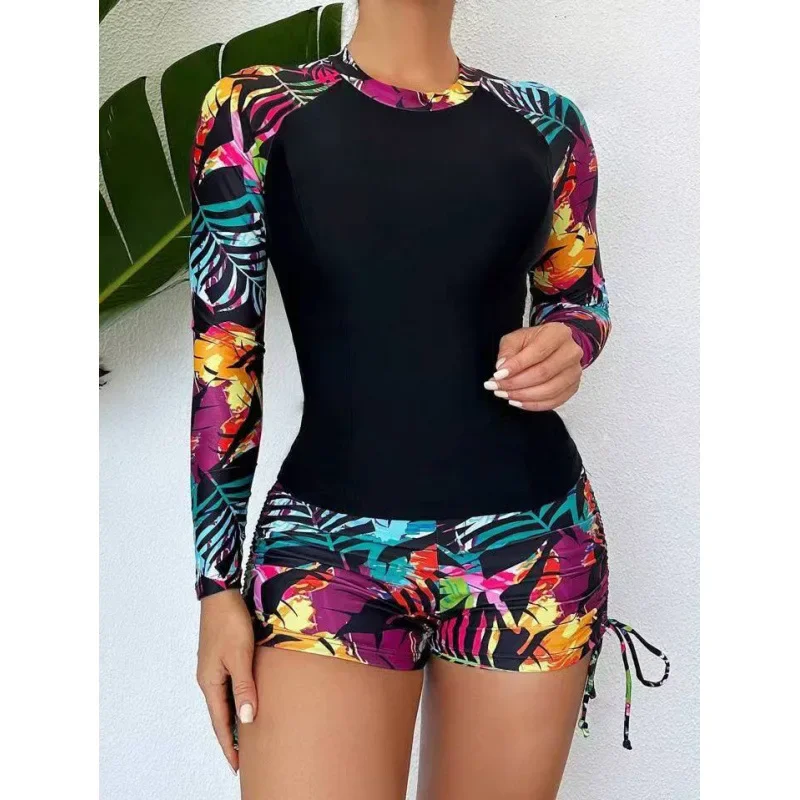 Conjunto de Bikini estampado de manga larga para mujer, traje de baño Tankini separado, traje de baño con diseño de retales a la moda, novedad de 2025