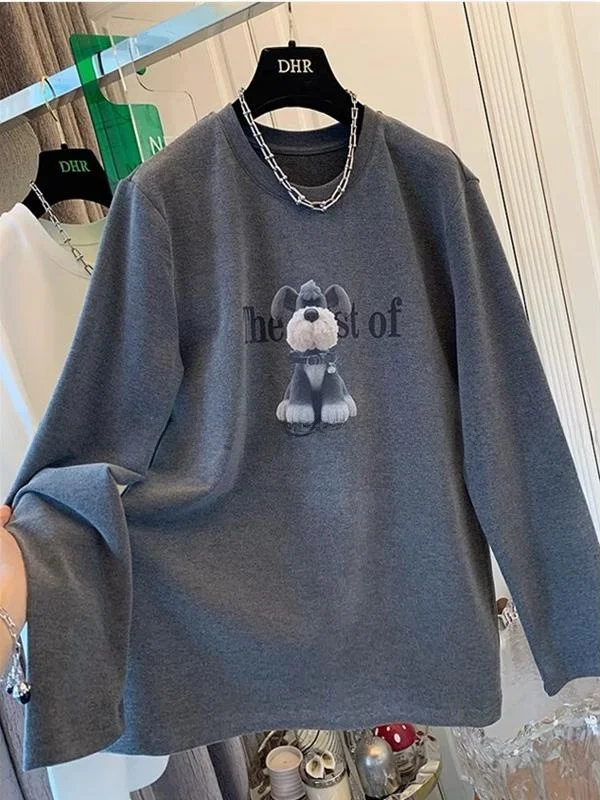 

Женская теплая свободная футболка с длинным рукавом и принтом в стиле ретро-американских мультфильмов с изображением собаки, зимний базовый слой, корейский стиль, для повседневной носки