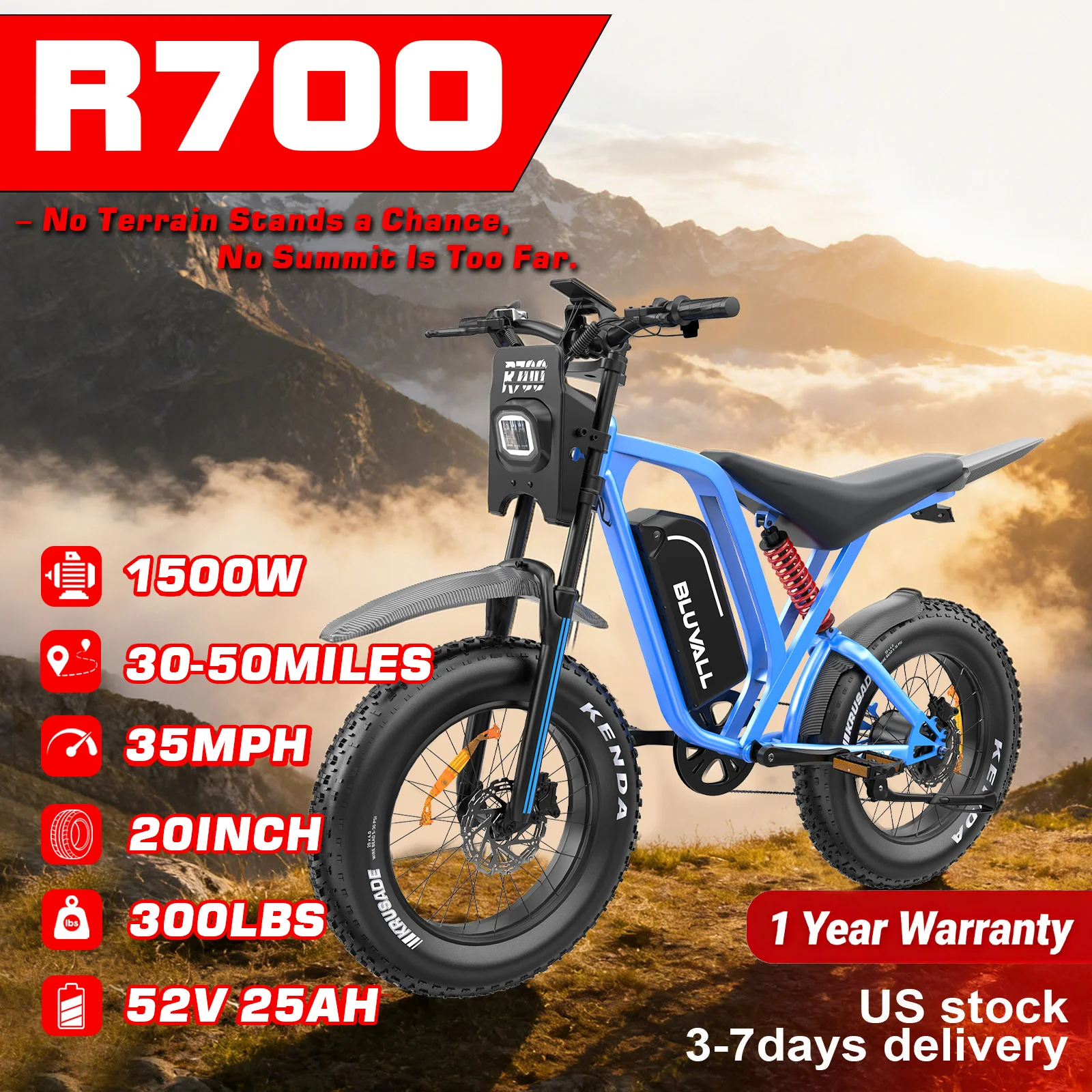 

Electric Bike R700 1500W 52V 25Ah Battery 35MPH 20" Fat Tire Mountain Off road E-Bikes for Adults All Terrain US Fast shipping