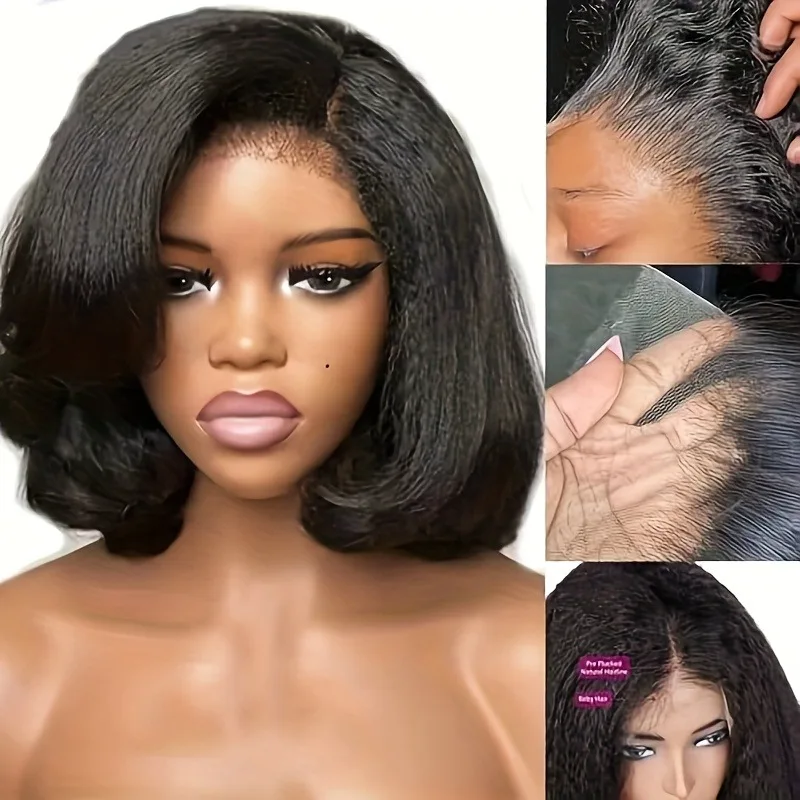 دانتيل أمامي 13 × 4 - تغطية كاملة مقطوعة مسبقًا ومقطوعة مسبقًا، نسيج ياكي مستقيم، قاعدة بنية طبيعية وبني فاتح