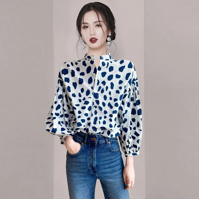 Age Reducing Design Bubble Sleeves Polka Dot Shirt New Women\'s Fashion Retro Niche Chiffon Top