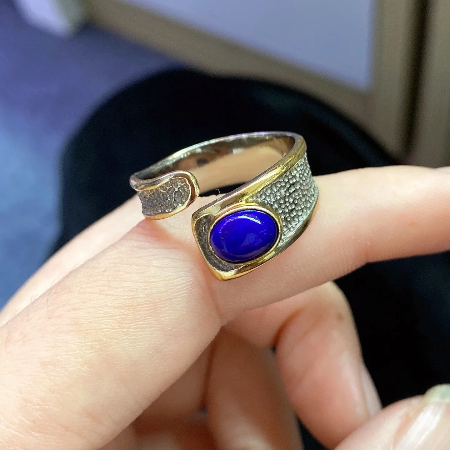 1 قطعة Fengbaowu اللازورد الطبيعي البيضاوي كابوشون الدائري 8x8.5 مللي متر 925 فضة الريكي أحجار استشفاء خاتم هدايا مجوهرات أنيقة #3