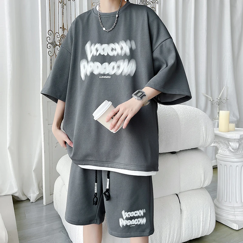 4 Colors!2024 Men's Set Summer High Street Phantom Letter Printing Fashion Casual Short Sleeve T-shirt Shorts Set