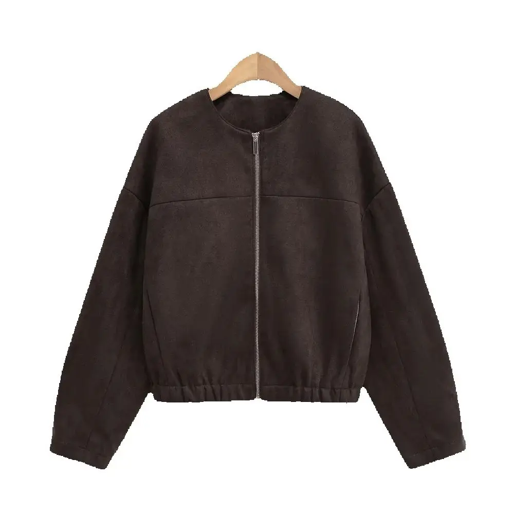 

Осенняя новая женская повседневная свободная замшевая куртка с длинными рукавами и круглым вырезом, короткая куртка