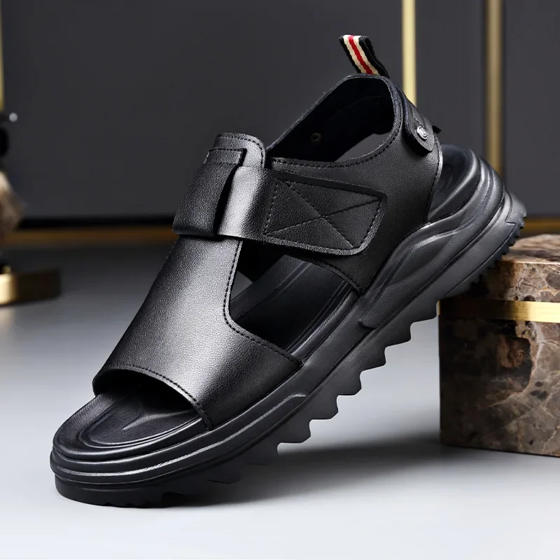 Cow Leather Men's Sandals 2024 Summer New Designer Soft Sole Fashion Casual Beach Shoes Male Black Platform Sandals Man