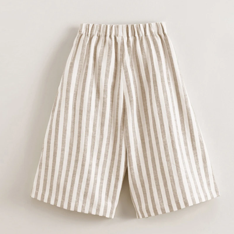 Girls Cotton And Linen Striped Casual Wide Leg Pants 2024 Summer New Children\'s Elastic Waist Loose Retro Linen Trousers TZ406