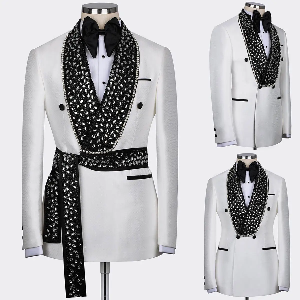 

Beading Men Wedding Tuxedos Shawl Lapel Tailored Jacket With Belt Birthday Party Prom Groom Wear One Piece