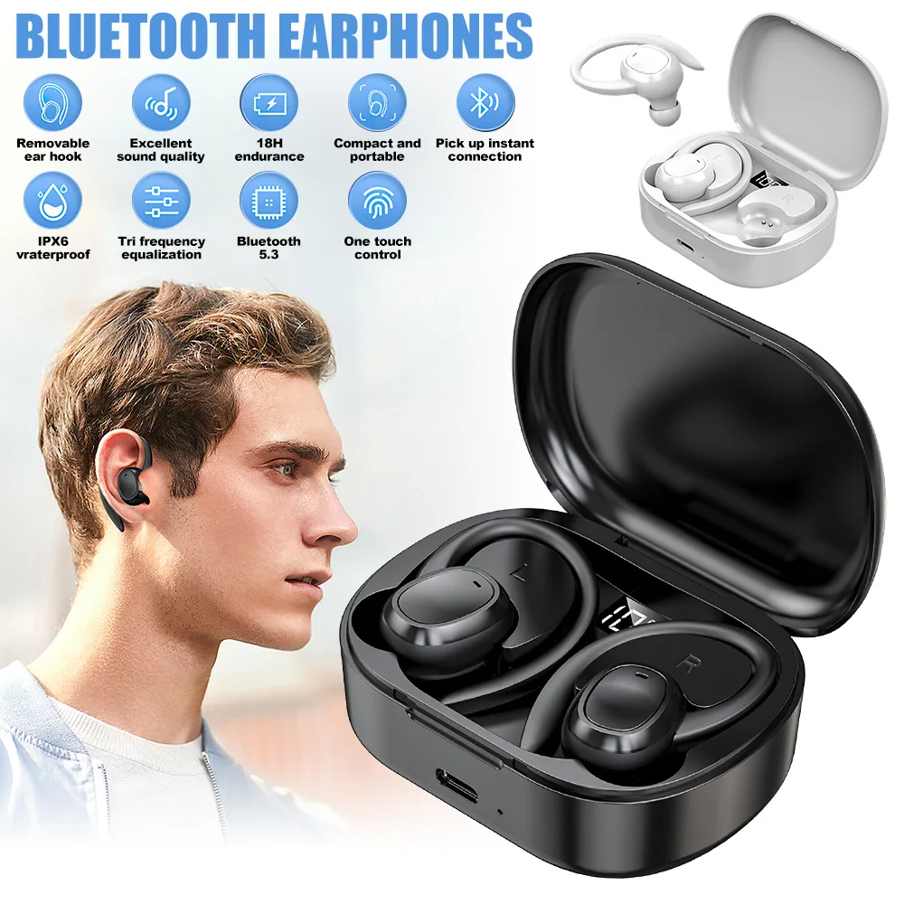 TWS Wireless Bluetooth Earphones Earhooks Headphones Waterproof Sport Gym Earbuds HiFi Stereo Noise Reduction Headset with Mic