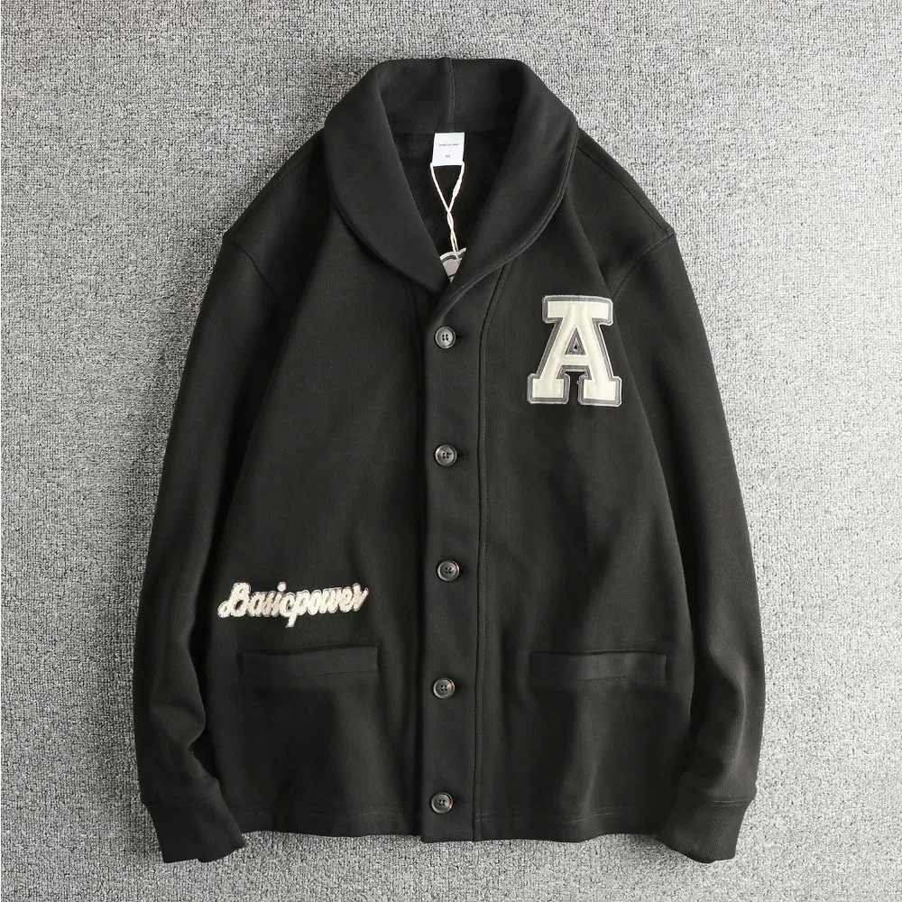 

Утолщенная мужская толстовка из тяжелого бархата с нашивкой и вышивкой, теплый топ в американском стиле High Street Trend