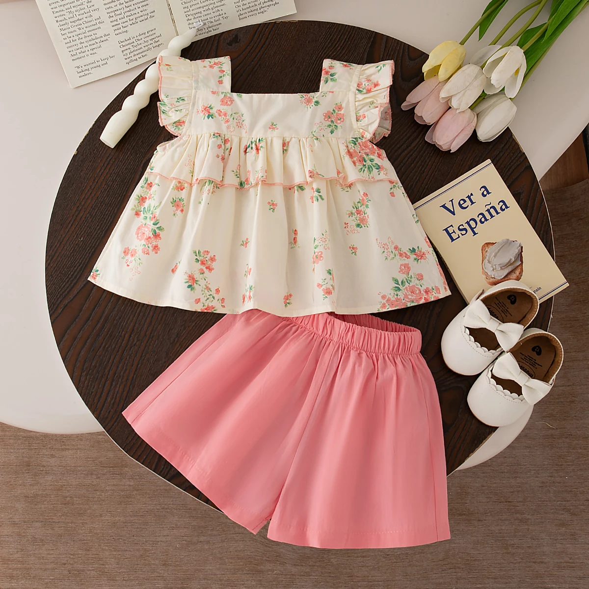 

2pc/Set Baby Outfit Set Summer Cotton Floral Sleeveless Top Solid Color Shorts Girl Set Cute Casual Beach Baby Girl Clothing