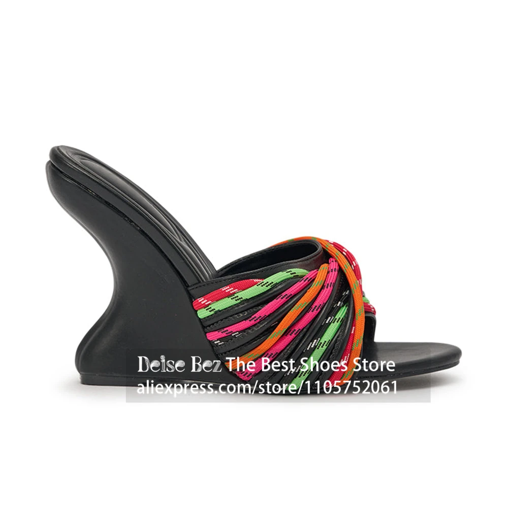 Multicolor Strap Sculptural Wedge Slippers Colorful Crisscross Straps Slide Sandals Black Open Toe Slip On Women's Summer Shoes
