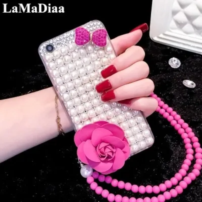 

Luxury Pearl Rhinestone Case for iPhone, Diamond, Bowknot, Glitter, Flower Bling Cover, 14, 15Pro, X, XR, 7, 8 Plus, 15, 11, 12