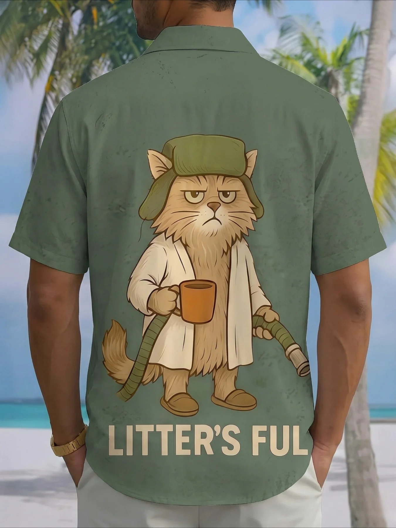 Men's Shirt Cartoon Cat Graphic Print Green Base Short Sleeve Turn Down Collar Summer Leisure Vacation Casual Mens Clothing