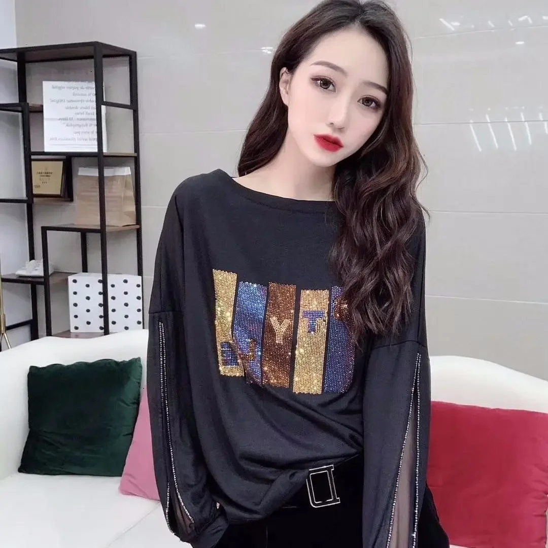 2023 Primavera Autunno T-shirt a maniche lunghe Tendenza moda Girocollo Pullover Donna Allentato di grandi dimensioni Casual Donna Top Goth Vestiti