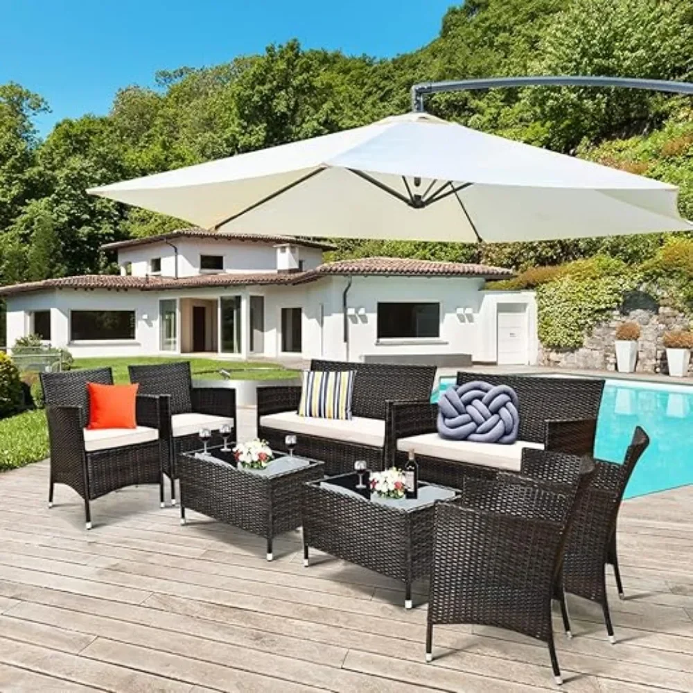 Patio Rattan Conversation Set, Outdoor Wicker Furniture Set with Tempered Glass Coffee Table &Thick Cushion